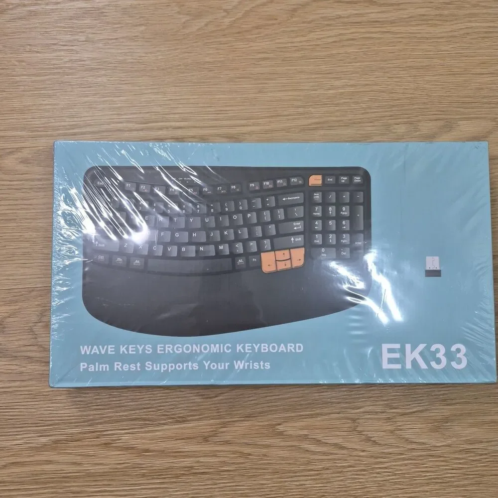 NEW EK33 Wireless Ergonomic Keyboard Mouse Combo 2.4G USB Wave Palm Rest SEALED